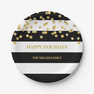 Black Stripes Gold Confetti Christmas Plates