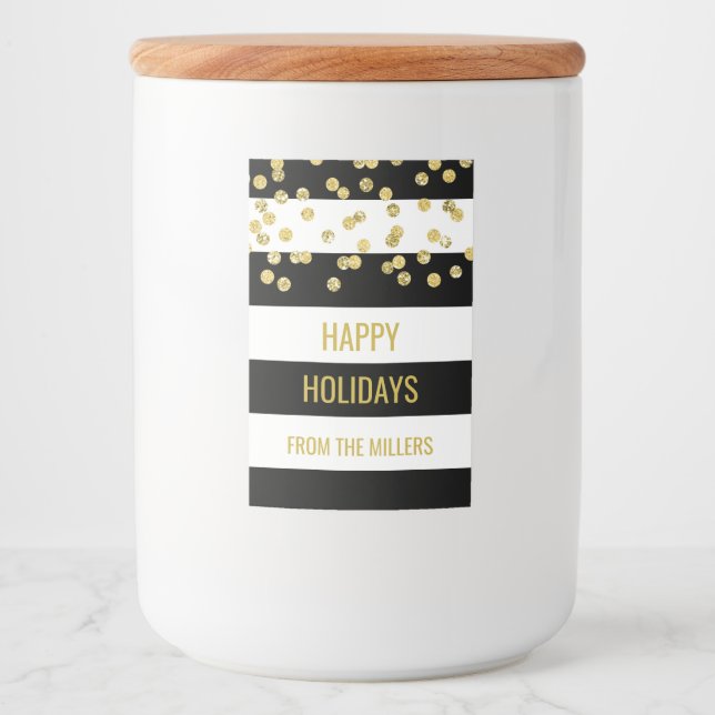 Black Stripes Gold Confetti Custom Christmas Food Label (Front)