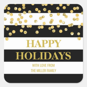 Black Stripes Gold Confetti Happy Holidays Custom Square Sticker