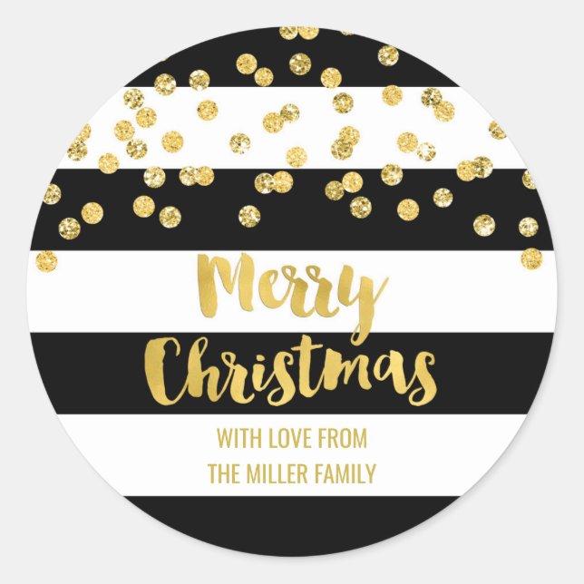 Black Stripes Gold Confetti Merry Christmas Custom Classic Round Sticker (Front)