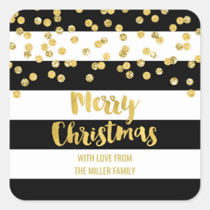 Black Stripes Gold Confetti Merry Christmas Custom Square Sticker
