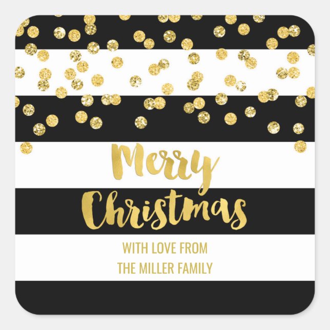 Black Stripes Gold Confetti Merry Christmas Custom Square Sticker (Front)