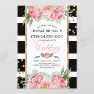 Black Stripes Gold Confetti Pink Floral Wedding Invitation