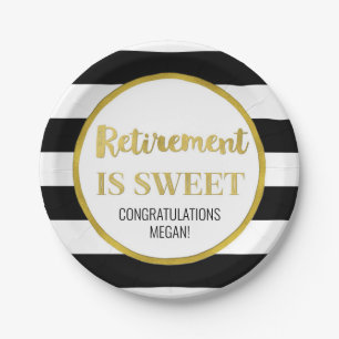 Black Stripes Gold Confetti Retirement is Sweet Paper Plate