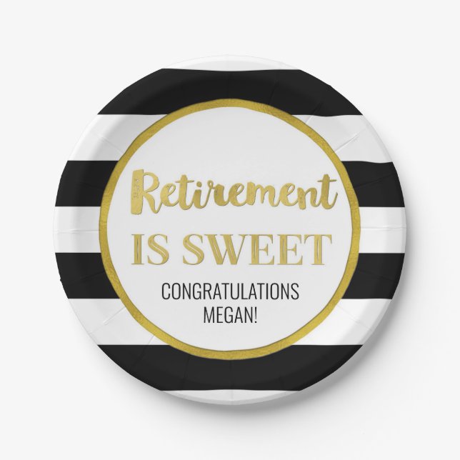 Black Stripes Gold Confetti Retirement is Sweet Paper Plate (Front)