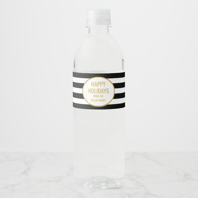 Black Stripes Gold Custom Happy Holidays Water Bottle Label (Front)