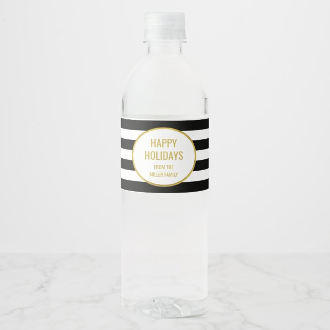 Black Stripes Gold Custom Happy Holidays Water Bottle Label (Front)