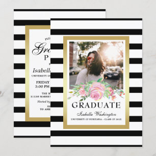 Black Stripes Gold Floral Graduation Party Photo Invitation