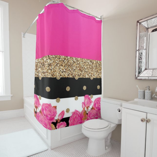 Black Stripes Gold Glitter Polka Dots Pink Roses Shower Curtain (In Situ)