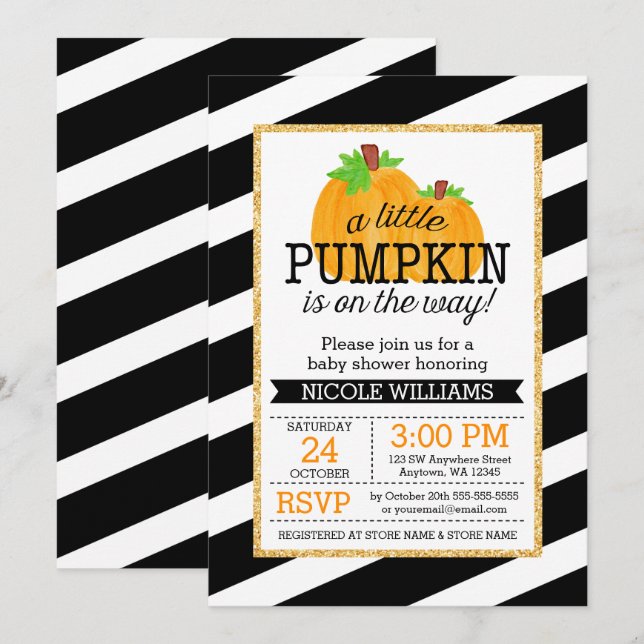 Black Stripes Gold Little Pumpkin Fall Baby Shower Invitation (Front/Back)