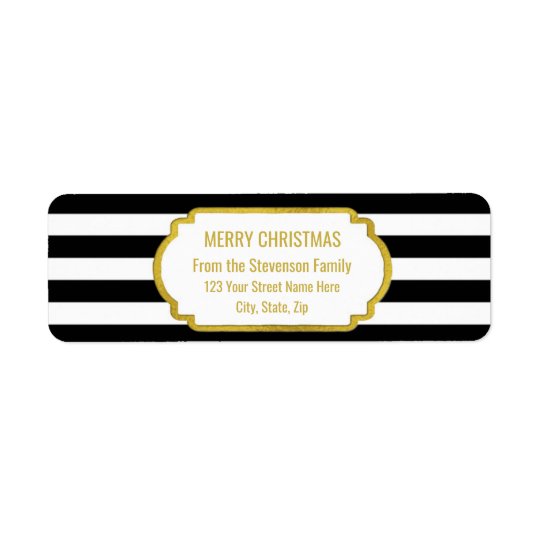 Black Stripes Gold Merry Christmas Return Address Label
