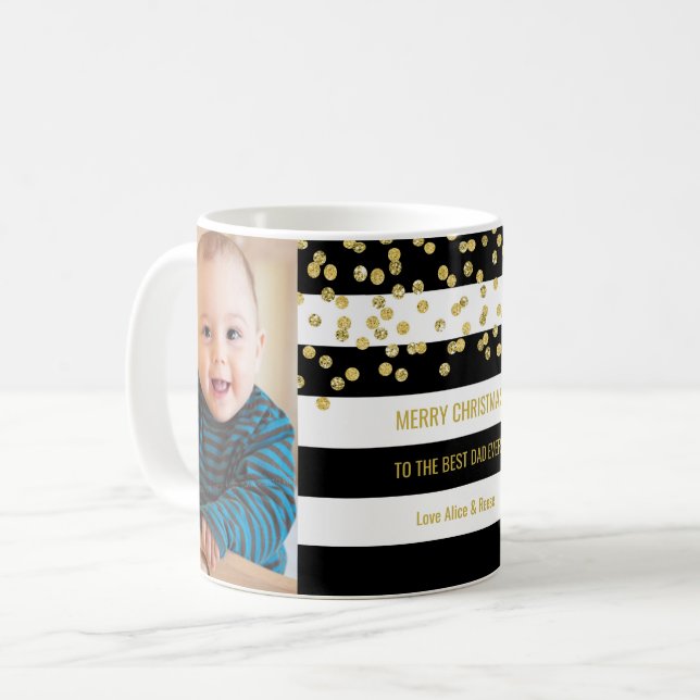 Black Stripes Gold Photo Best Dad Christmas Coffee Mug (Front Left)