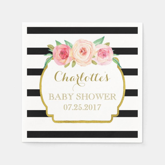 Black Stripes Gold Pink Floral Baby Shower Napkin (Front)