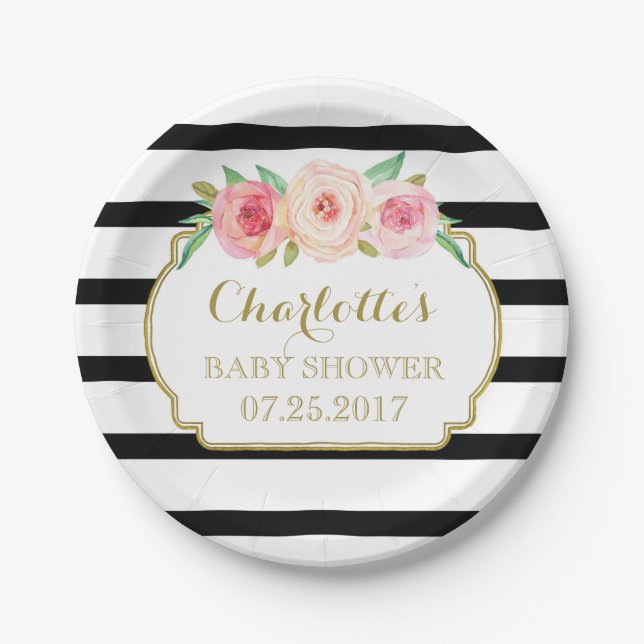 Black Stripes Gold Pink Floral Baby Shower Plate (Front)