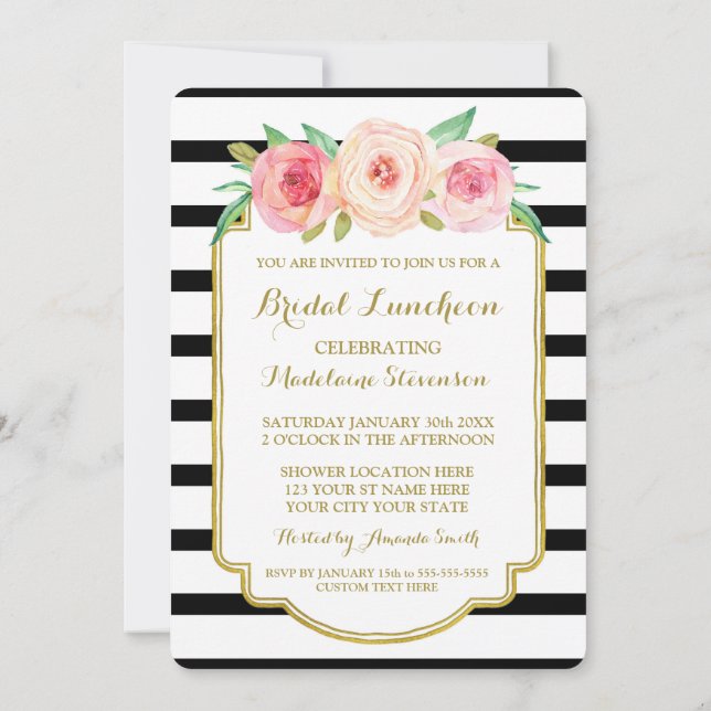 Black Stripes Gold Pink Floral Bridal Lunch Invitation (Back)