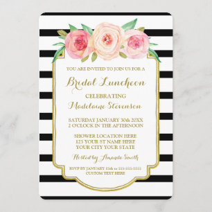 Black Stripes Gold Pink Floral Bridal Lunch Invitation