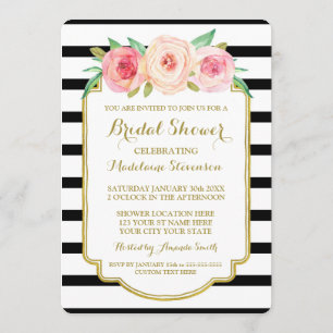 Black Stripes Gold Pink Floral Bridal Shower Invitation