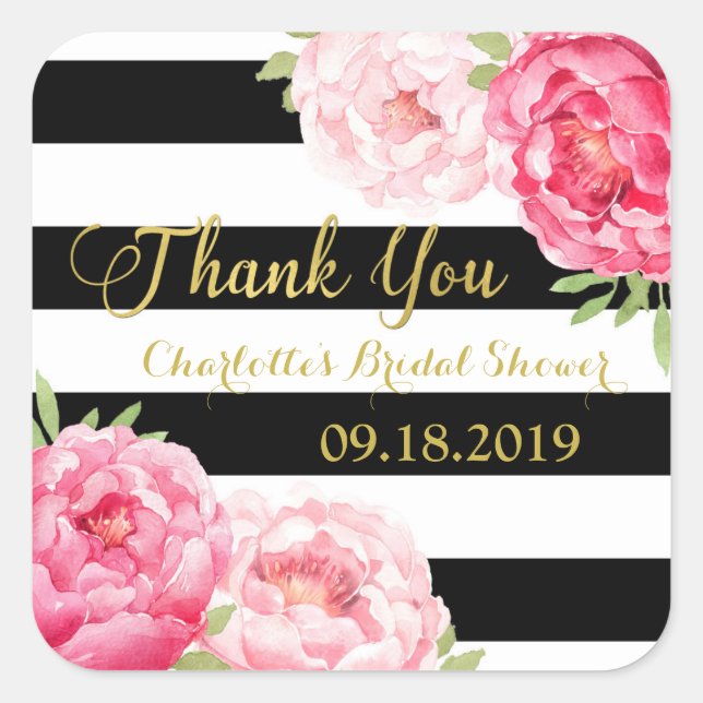 Black Stripes Gold Pink Floral Bridal Shower Square Sticker (Front)