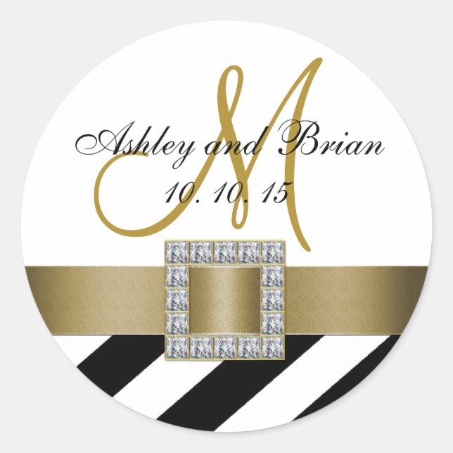 Black Stripes Gold Ribbon Initial Wedding Favour Classic Round Sticker (Front)