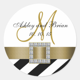Black Stripes Gold Ribbon Initial Wedding Favour Classic Round Sticker