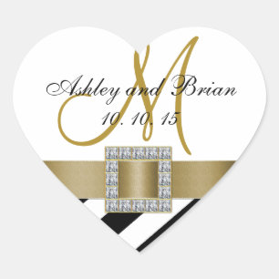 Black Stripes Gold Ribbon Initial Wedding Favour Heart Sticker