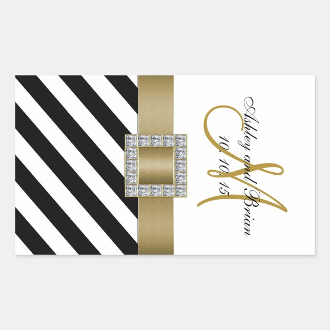 Black Stripes Gold Ribbon Initial Wedding Wine Rectangular Sticker (Front)