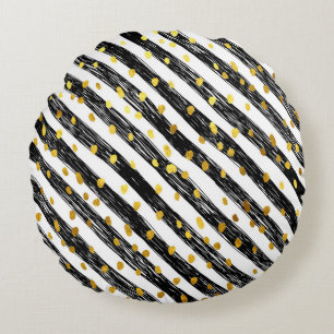 Black stripes, golden confetti, seamless pattern. round cushion