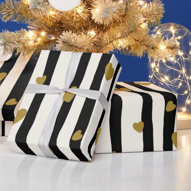 Black Stripes Golden Heart Wrapping Paper (Holidays)