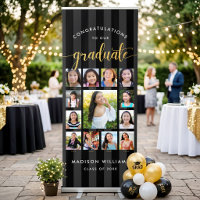 Black Stripes Grad K–12 Gold Script Photo Collage