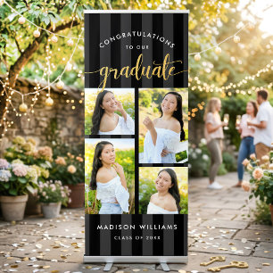 Black Stripes Graduate Gold Script 4 Photo Collage Retractable Banner