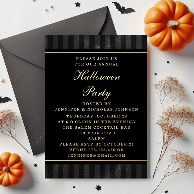Black Stripes Halloween Party Gold Foil Invitation Postcard (Black Stripes Halloween Party Gold Foil Invitation Postcard)