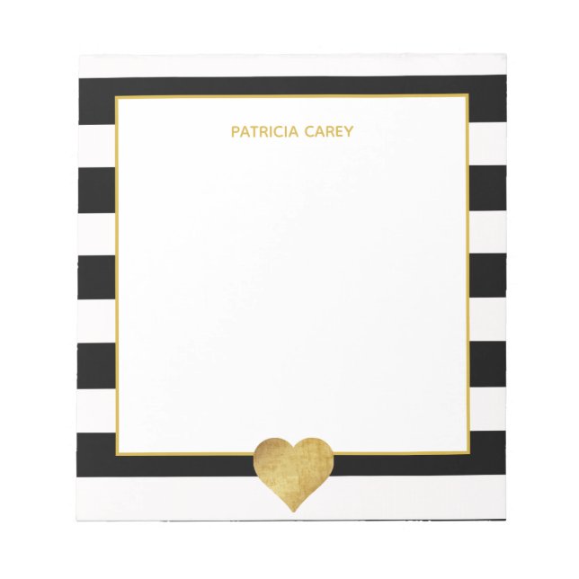Black Stripes & Metallic Gold Heart Notepad (Front)