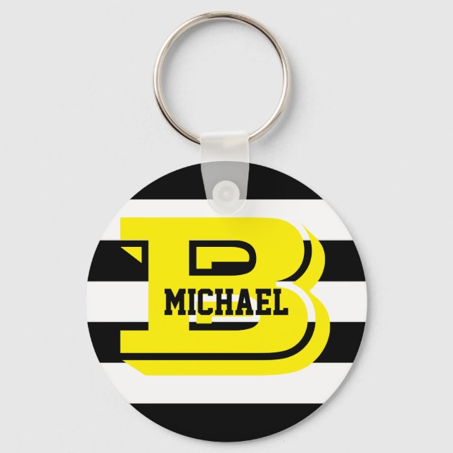 Black Stripes Monogram Button Key Ring (Front)