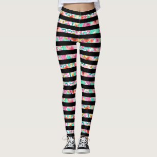 Black Stripes Over Colourful Floral Pattern Leggings