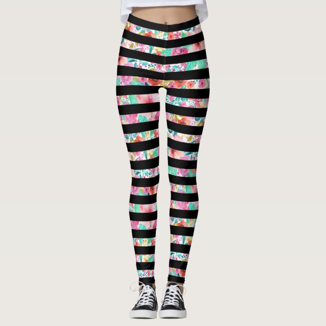 Black Stripes Over Colourful Floral Pattern Leggings (Front)
