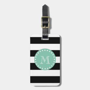 Black Stripes Pattern, Mint Green Monogram Luggage Tag