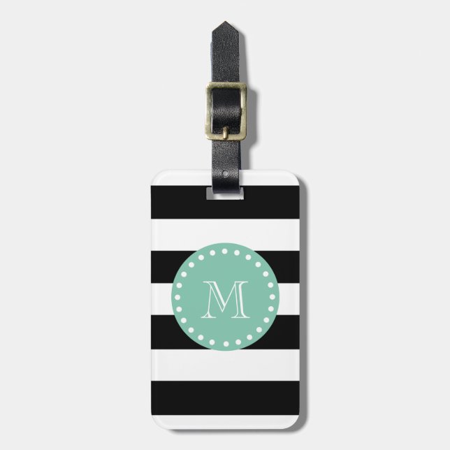 Black Stripes Pattern, Mint Green Monogram Luggage Tag (Front Vertical)