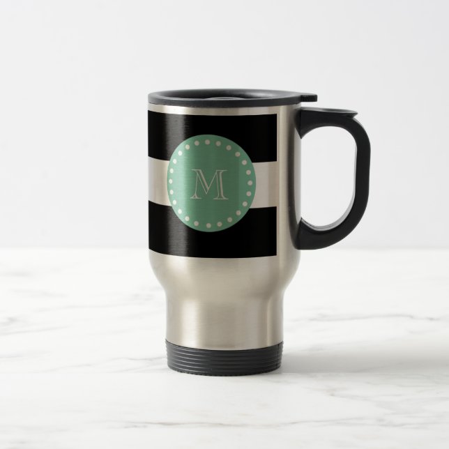 Black Stripes Pattern, Mint Green Monogram Travel Mug (Right)