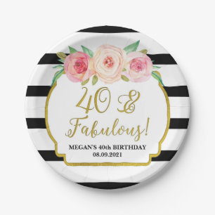 Black Stripes Pink Floral 40 and Fabulous Birthday Paper Plate
