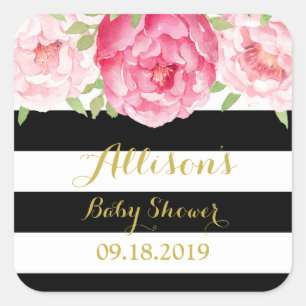 Black Stripes Pink Floral Baby Shower Favour Tag