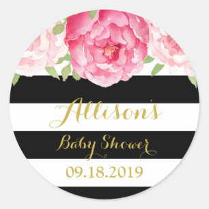 Black Stripes Pink Floral Baby Shower Favour Tag