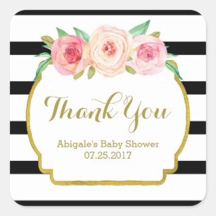 Black Stripes Pink Floral Baby Shower Favour Tags