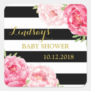 Black Stripes Pink Floral Baby Shower Favour Tags
