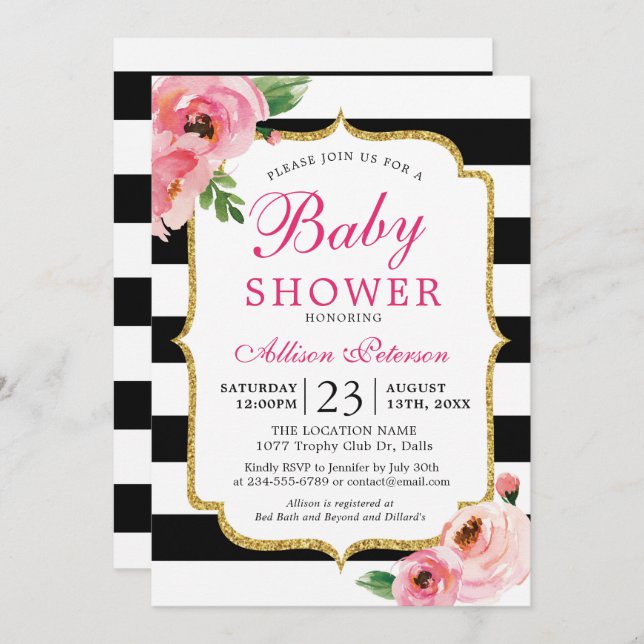 Black Stripes Pink Floral Baby Shower Invitation (Front/Back)