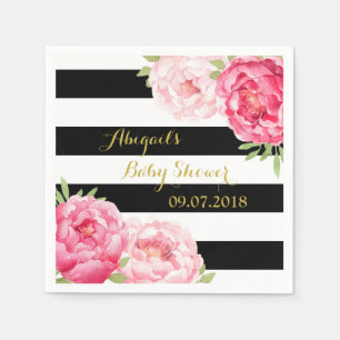 Black Stripes Pink Floral Baby Shower Napkins