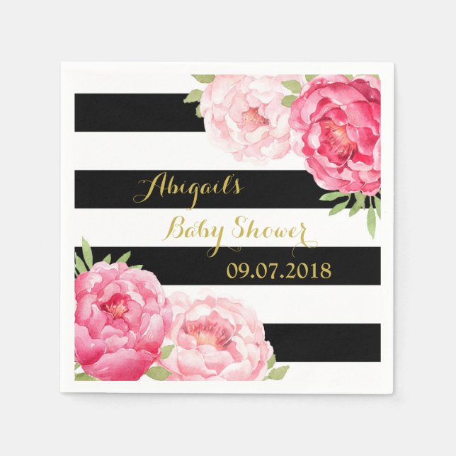 Black Stripes Pink Floral Baby Shower Napkins (Front)