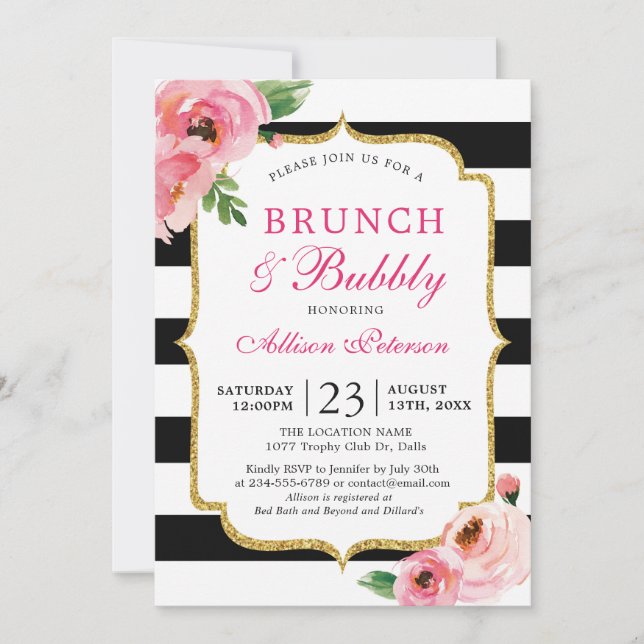 Black Stripes Pink Floral Brunch and Bubbly Invitation (Front)