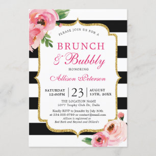 Black Stripes Pink Floral Brunch and Bubbly Invitation