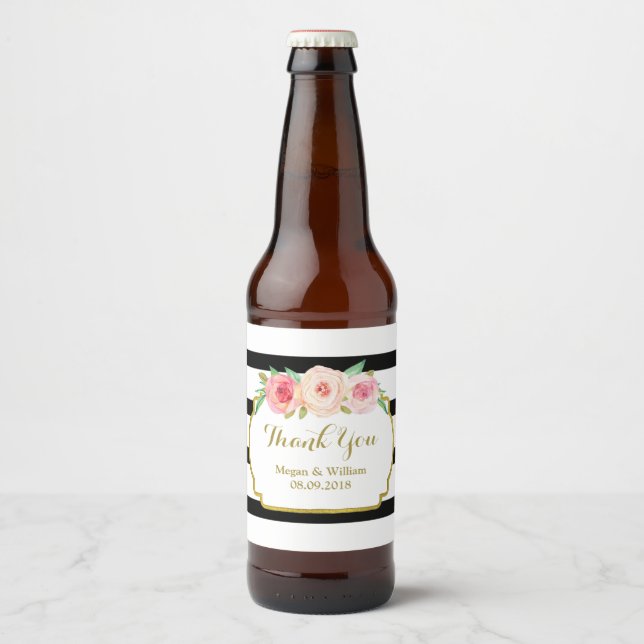 Black Stripes Pink Floral Gold Beer Label (Front)