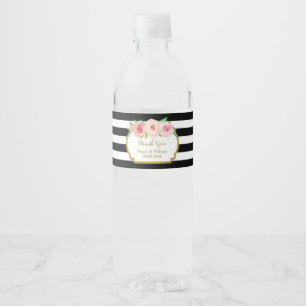 Black Stripes Pink Floral Gold Water Bottle Label